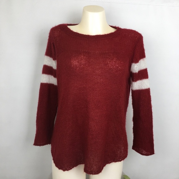 Wooden Ships Wool Blend Sweater Slouchy Mohair Varsity Strip on Sleeves Burgundy - Picture 1 of 12